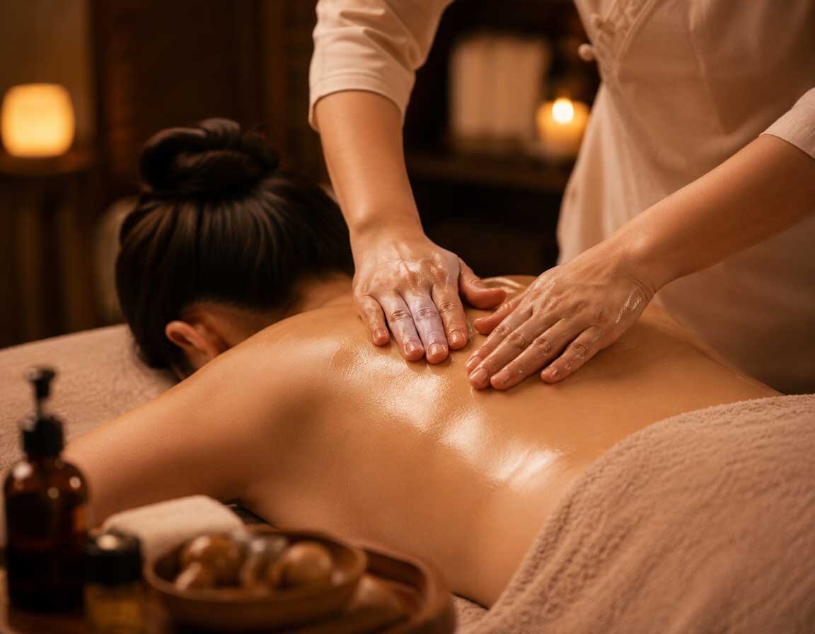 Massage oil and folded towels on dark wood